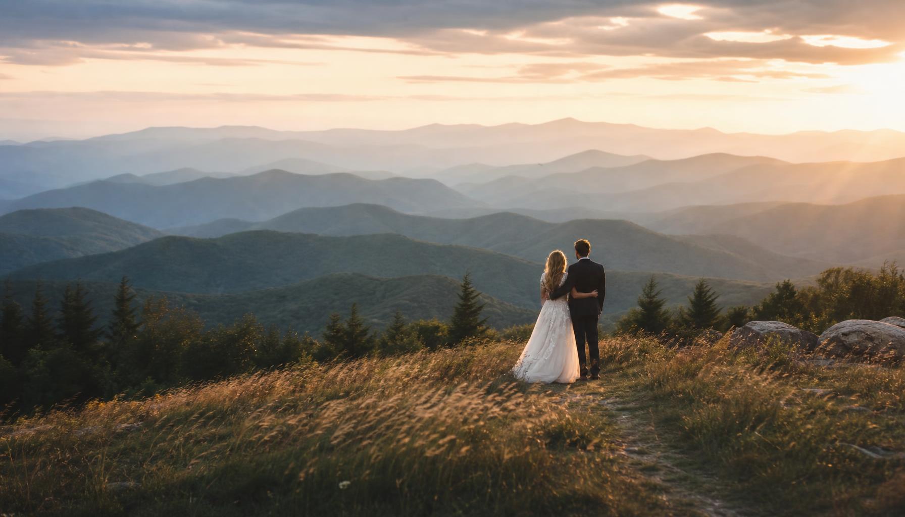 Bride and groom overlooking the Blue Ridge Mountains at golden hour