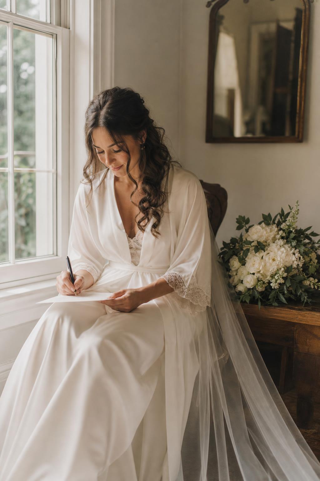 Bride writing a letter by a window before her wedding